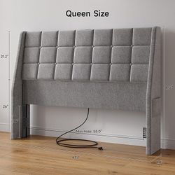Ergonomic Upholstered Headboard Queen Size w/Charging Station, Linen Wingback Headboards w/Storage Pocket, Queen Headboard Only, Bed Frame Adapters, S
