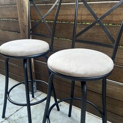 Barstools Adjustable Height – Set of 2 – Black Metal / Beige Upholstered Seats