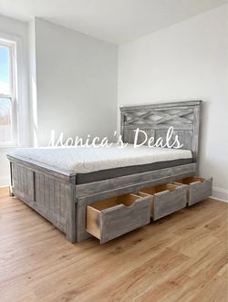 Queen Solid Wood Bed With 3 Drawers And Memory Foam Mattress $800