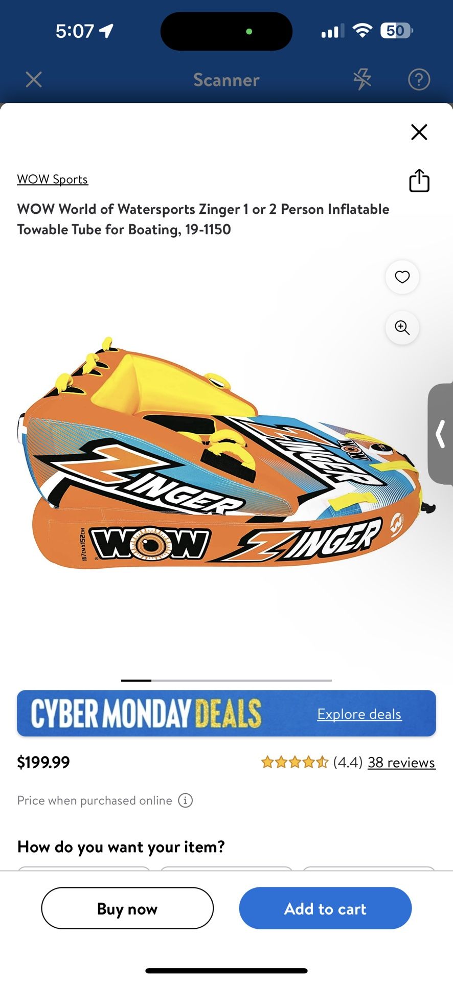 WOW ZINGER 2 PERSON TOWABLE $100
