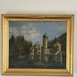 Vintage Hand-Painted Castle Landscape Painting on Board - Signed C. Czihak - Large Gold Framed Wall Art