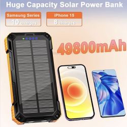 49800mAh Solar Phone Charger with USB-C in/Output, QC 3.0 Fast Charging with LED Flashlight, Built-in 4 Cables, IP65 Waterproof