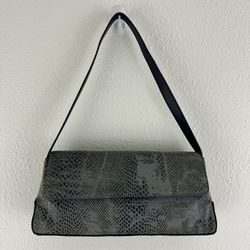 Vintage 90s Y2K Dusty Blue Snakeskin Print Fold Over Flap Rectangle Shoulder Bag