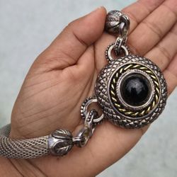 Vtg 16"Choker Necklace Chunky Jewelry Metal Mesh Tube Cabochon& Metal Pendant