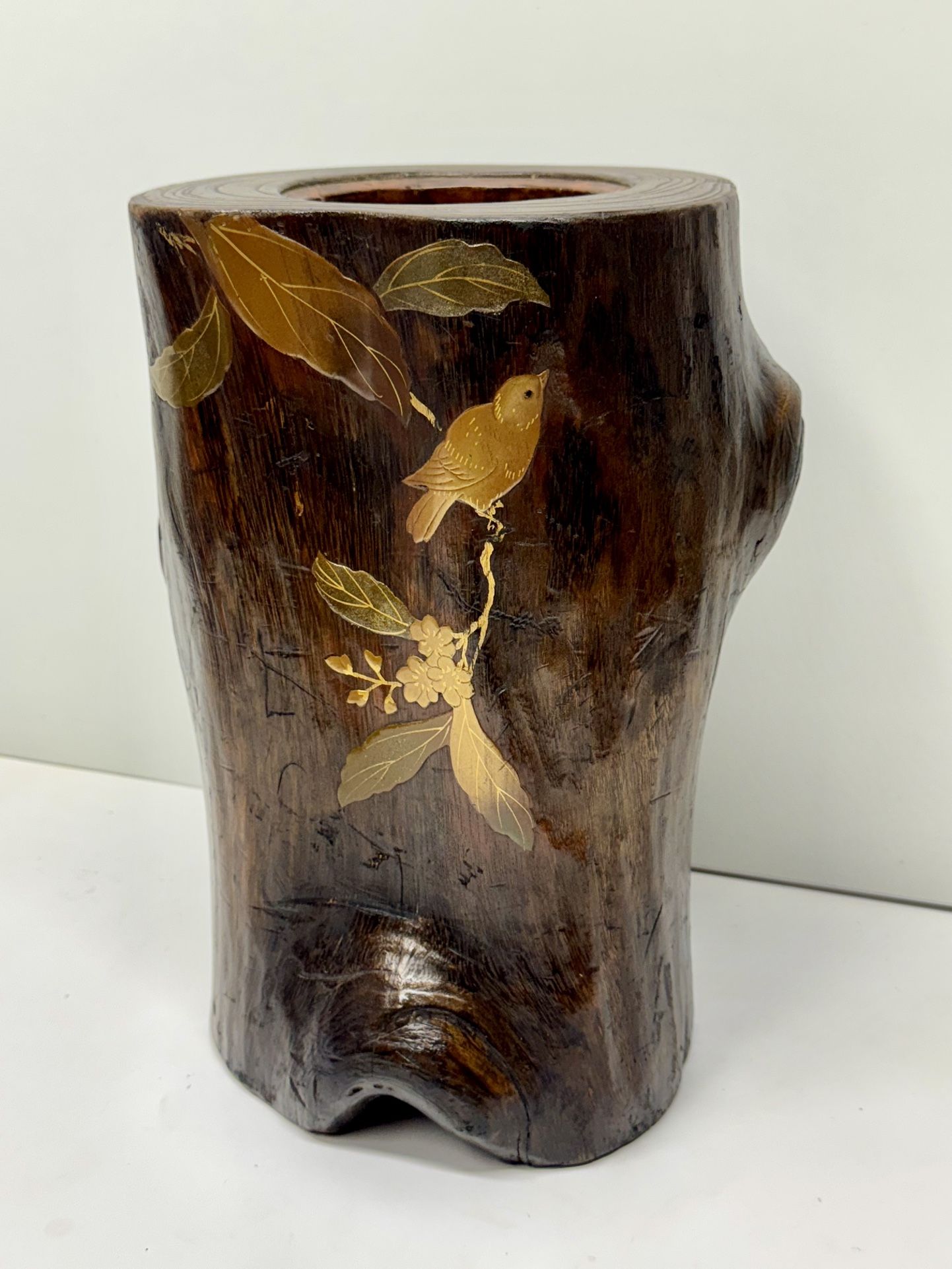 Antique Japanese Meiji Wood & Copper Ikebana Log Vase 11 Inches Tall