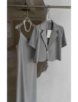 Gray Slip Dress and Cropped Blazer Set