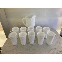Milk Glass Pitcher with 10 Glasses 