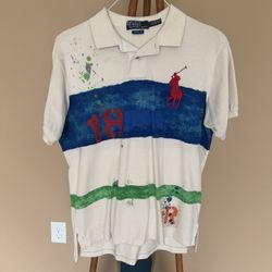 Polo Ralph Lauren Beige Blue Green Graphic Print Short Sleeve Polo Shirt Size L