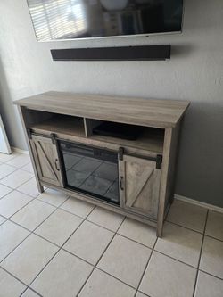Modern Farmhouse Electric Fireplace & Sliding Barn Doors TV Stand for TVs up to 50″, Rustic Gray  Finish