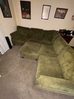 Green corduroy sofa couch with ottoman