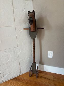 Antique Wooden Horse Head Riding Toy on Wheels
