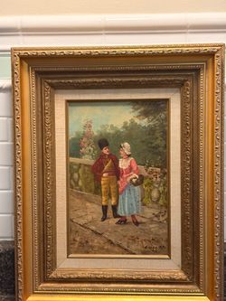 19 century Framed Oil Painting Romantic Couple Garden Scene
