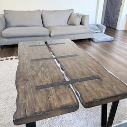 Reclaimed Wood Industrial Coffee Table – Live Edge Solid Wood w/ Metal Inlays