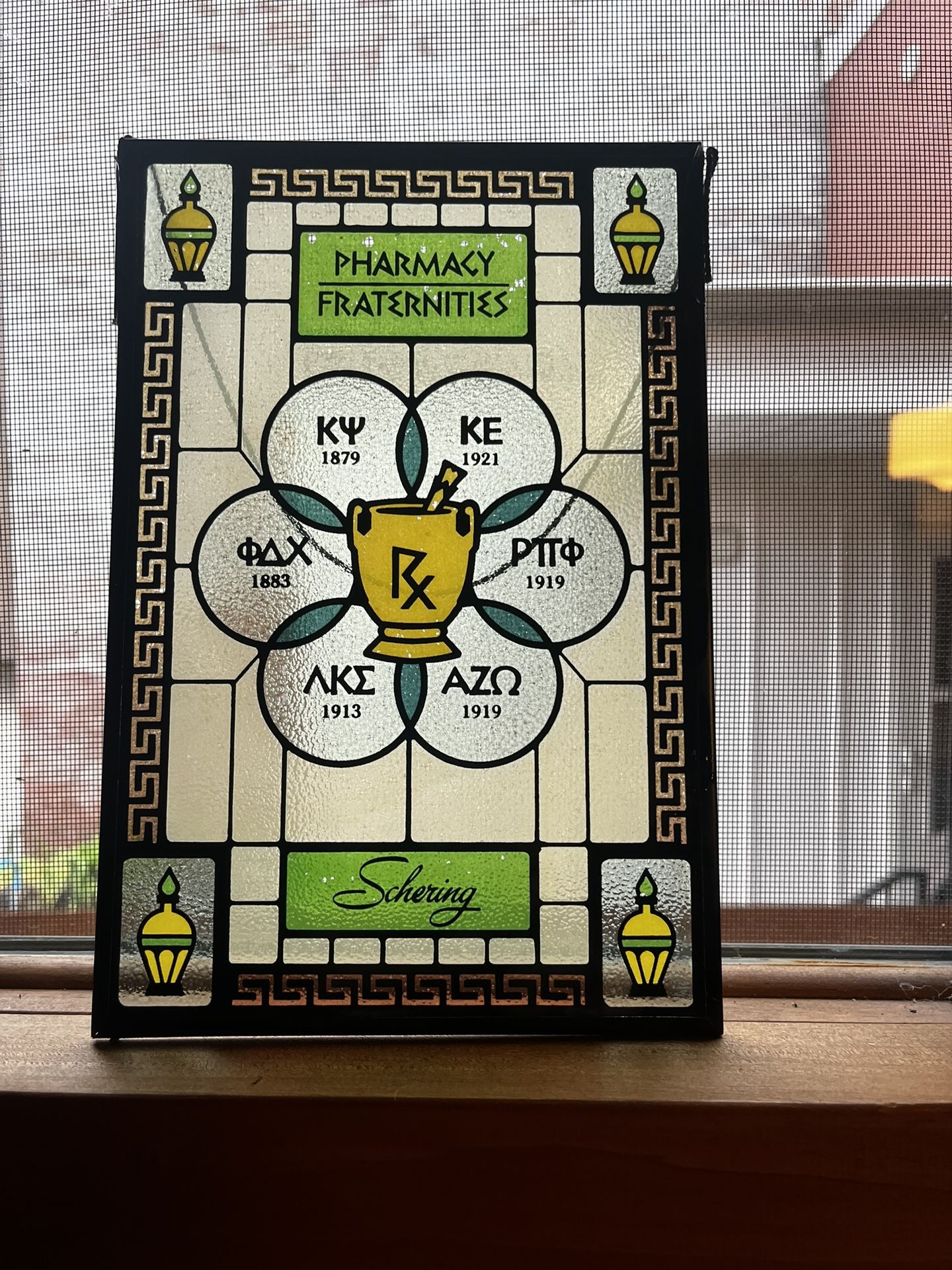 Antique Schering Pharmacy Fraternities Colored Glass Pharmacy Apothecary Sign