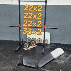 $250. Weight Plates 23²+23²+23²+33³ :198 POUNDS + BAR+ BENCH + Rack / PULL Ups + J Hooks.DeliveryFee