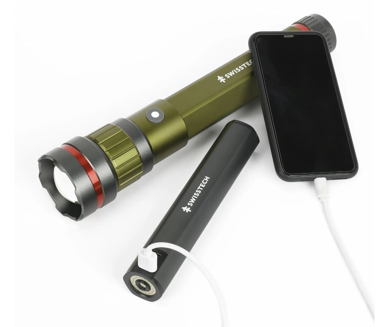 Swiss Tech 6500 Lumen LED Flashlight Rechargeable Dual Power AA/USB with Charging Bank, IP67 Waterproof, Drop Resistant