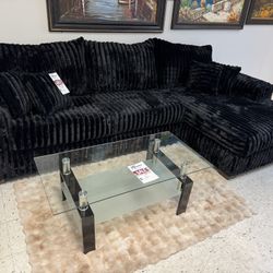 BLACK OVERSIZED SUPER SOFT PLUSH CORDUROY FABRIC L SECTIONAL COUCH SET