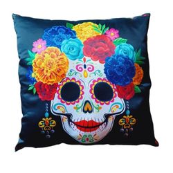 Dia De Los Muertos Decorative Pillow, Day Of The Dead Decor, Skull & Flowers 14" X 14"