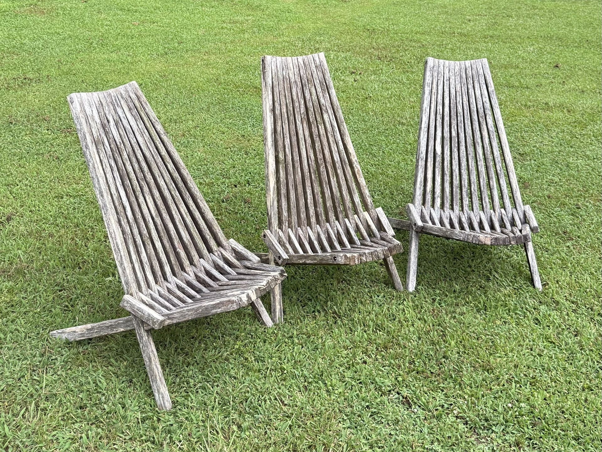 Folding Weathered Wood Outdoor Patio Porch Lawn Garden Lounge Chairs Set Of 3