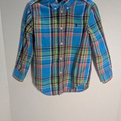 Boys Ralph Lauren Blue Multi Color Long Sleeve Plaid Button Down Shirt Size 4/4T