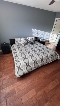 Beds, fire pit, filling cabinets and table