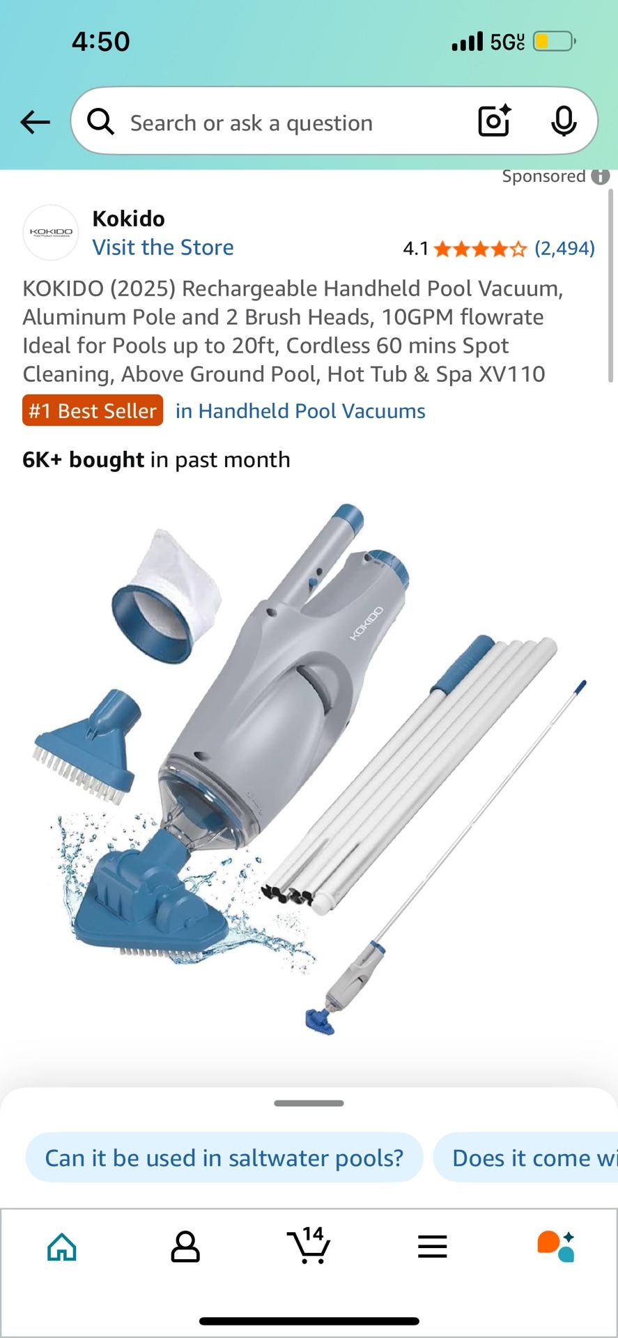 KOKIDO (2025) Rechargeable Handheld Pool Vacuum, Aluminum Pole and 2 Brush Heads, 10GPM flowrate Ideal for Pools up to 20ft, Cordless 60 mins Spot Cle