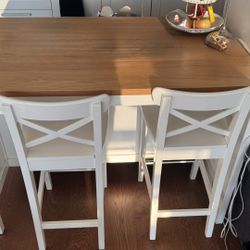 White Kitchen Island with Light Brown Top + 2 White Bar Stools With Backrest
