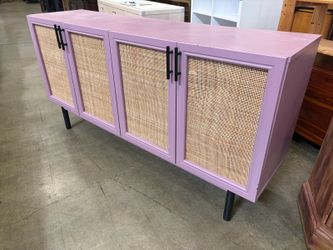 Unique Customized Lilac Media Cabinet with Shelving and Straw Door Fronts
