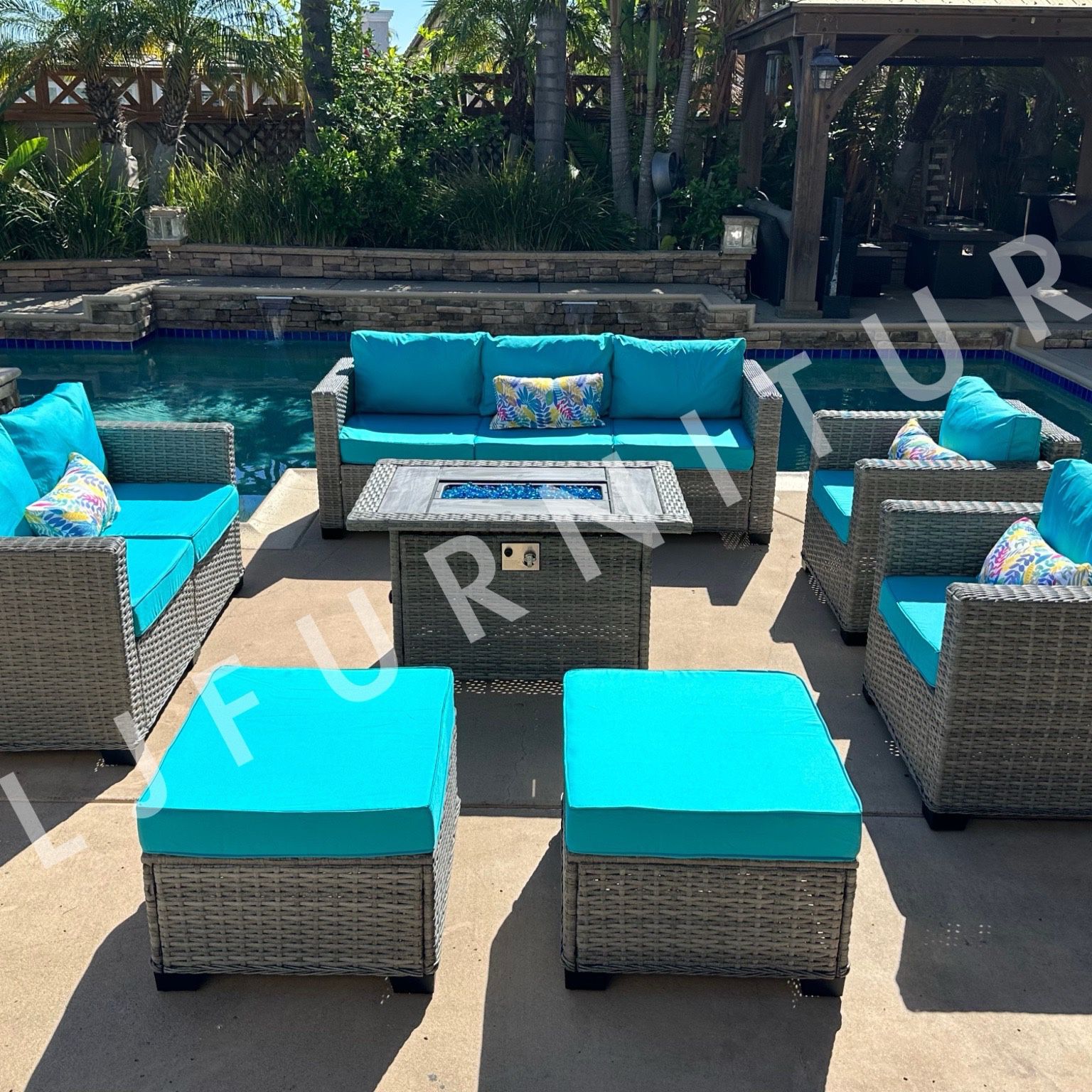 NEW🔥Outdoor Patio Furniture HDPE WICKER Grey with Turquoise 4" cushions and Firepit ASSEMBLED
