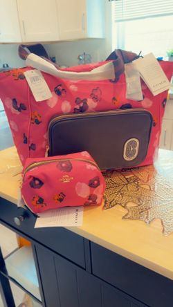Coach Pink Floral Tote with Brown Front Pocket and Patch Logo with Make-Up Bag