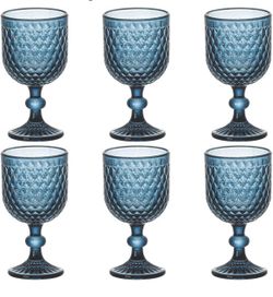 Blue Glass Goblets (12oz) Diamond Embossed Wine Water Stemware Set of 6