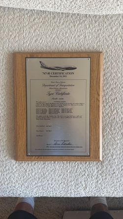 Boeing 747-8I FAA Type Certificate Plaque