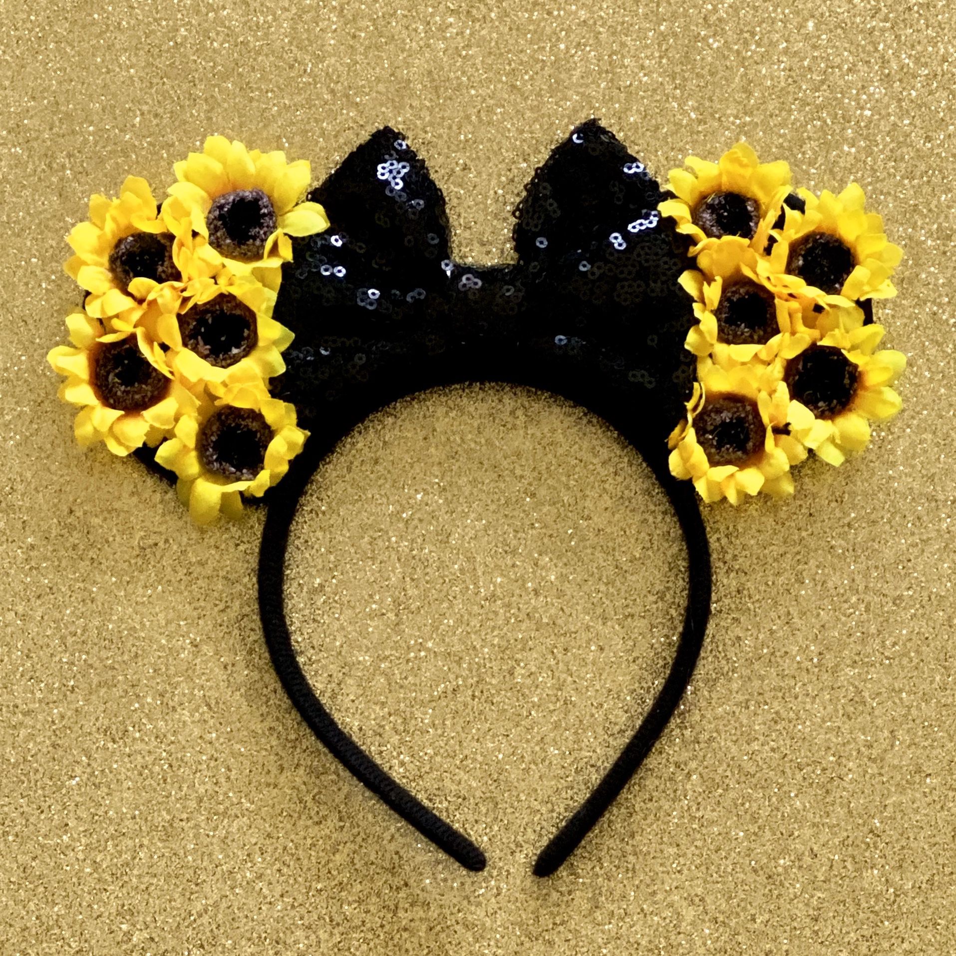 Minnie Mouse Sunflowers 🌻 & Black Sequin Bow Headband Ears