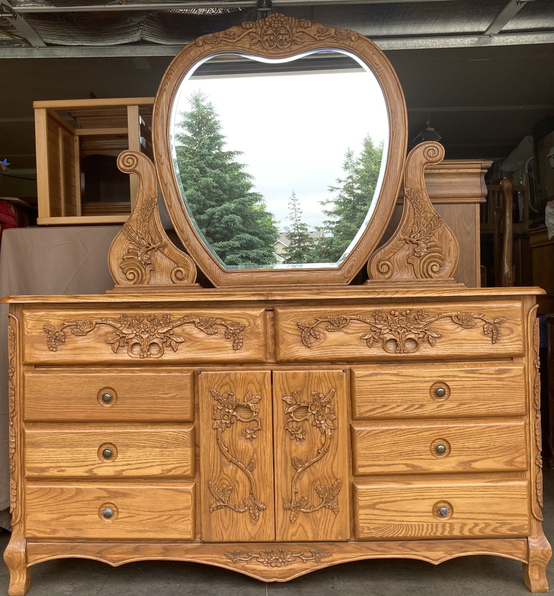 Exquisite Solid Oak Hand Carved Dresser with Heart Mirror