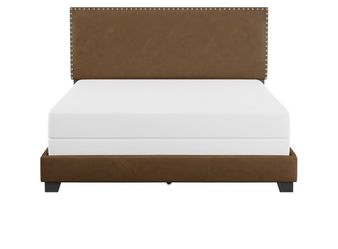 Willow Nailhead Trim Upholstered Queen Bed, Saddle Brown Faux