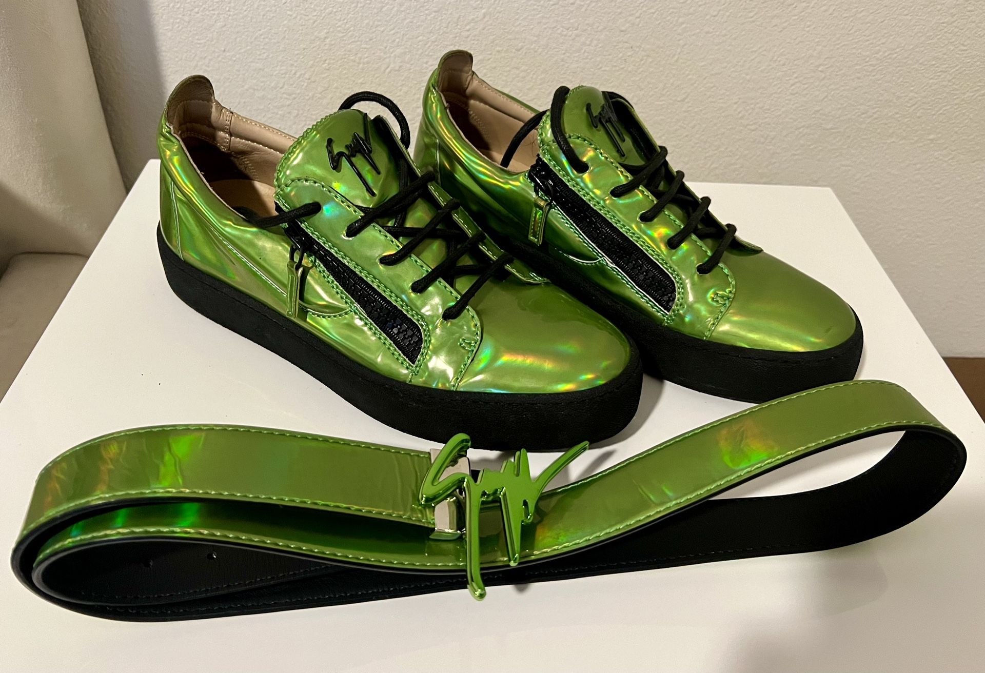 Giuseppe Zanotti Frankie Green Shiny Men’s Shoes with Belt Set size 9