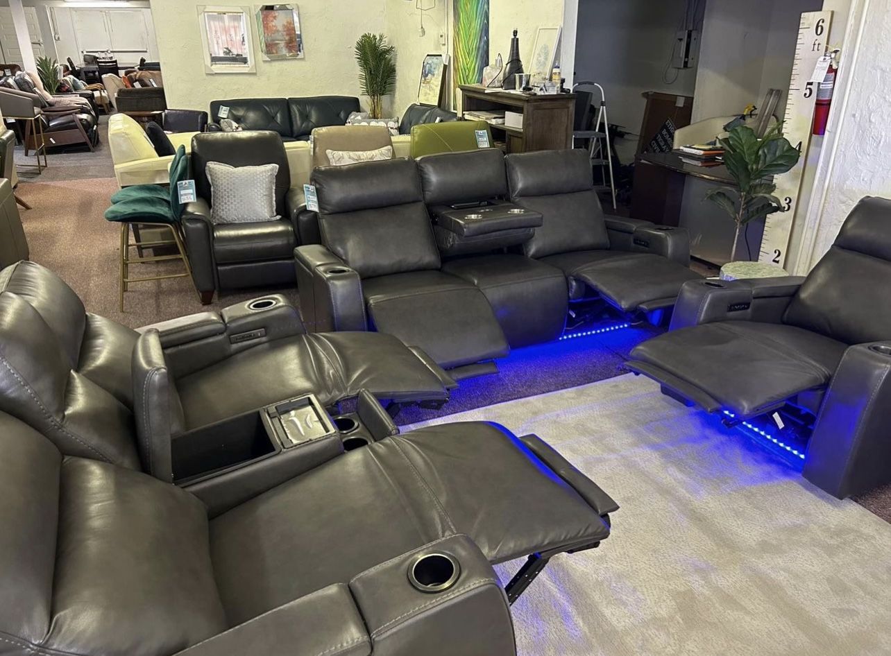 Furniture- Zero Gravity Real Leather Power Recliner Sofa- Greymel