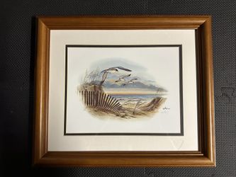 Seagulls Over Sand Dunes Beach Framed Lithograph By: Don Balke 1988