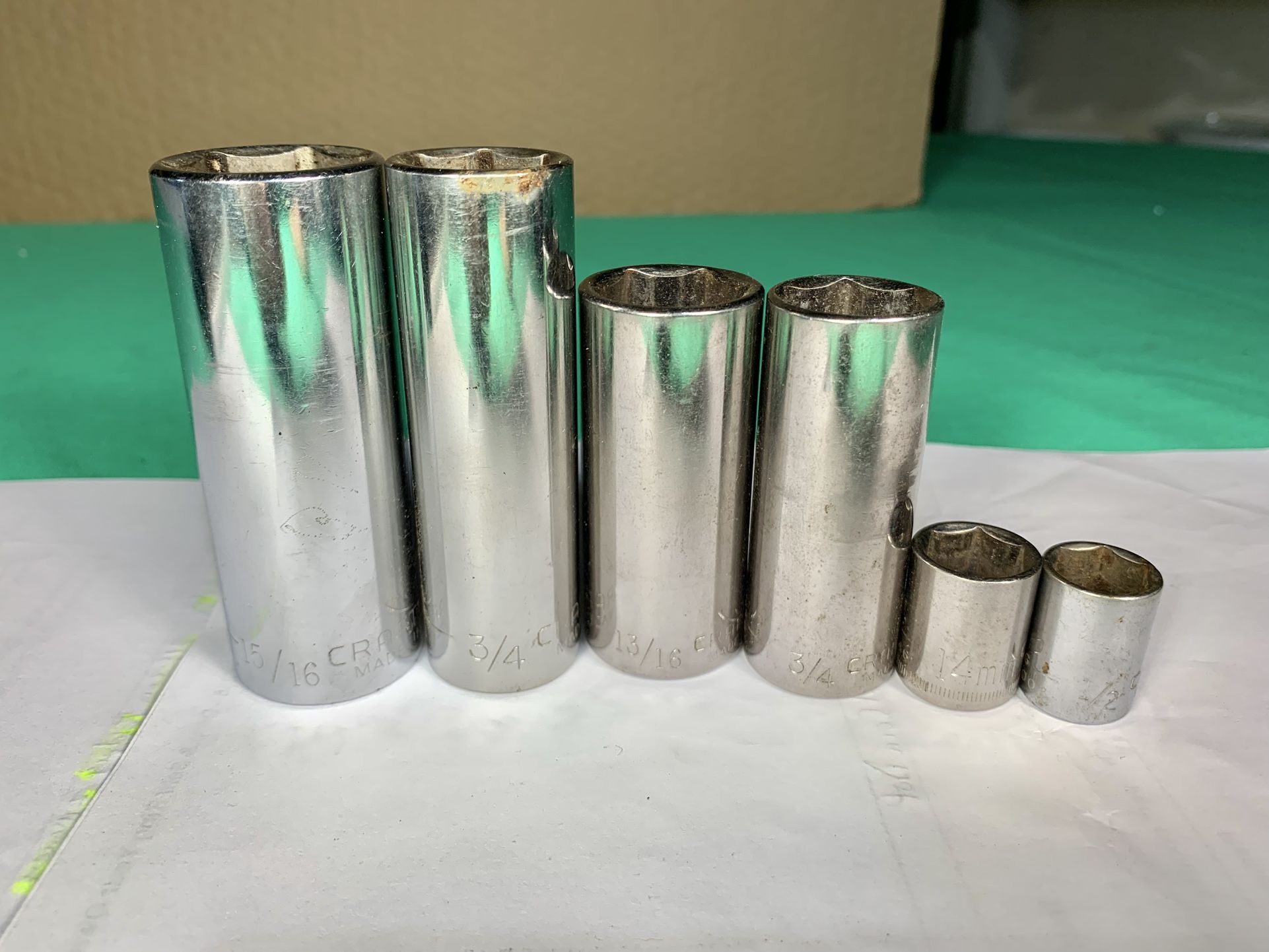 6 Craftsman 6pt Sockets 15/16”, 3/4” Deepwell, 13/16”, 1/2”, 14mm Mechanic Tools