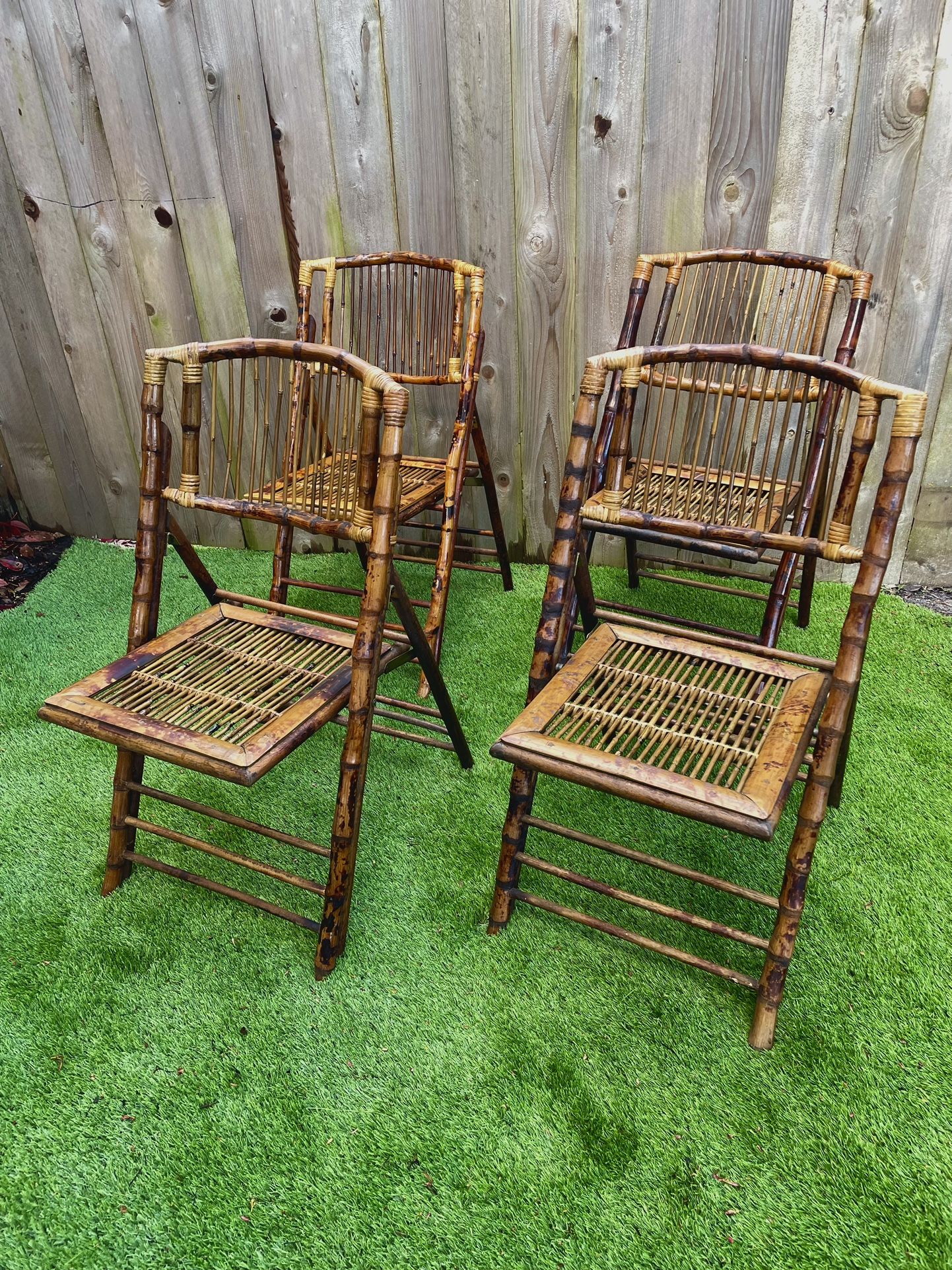 Mid 20th Century Vintage Tortoiseshell Bamboo Folding Chairs - Set of 4