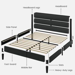 Queen bed frame with headboard, platform bed with wooden slats, easy to assemble     Upholstered bed frame, queen bed frame with headboard, platform b