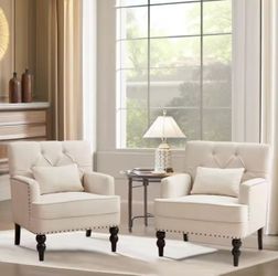 Set of 2 Modern Accent Chairs with Lumbar Pillows – Button Tufted Armchairs, Solid Wood Legs, 400 lbs Capacity 