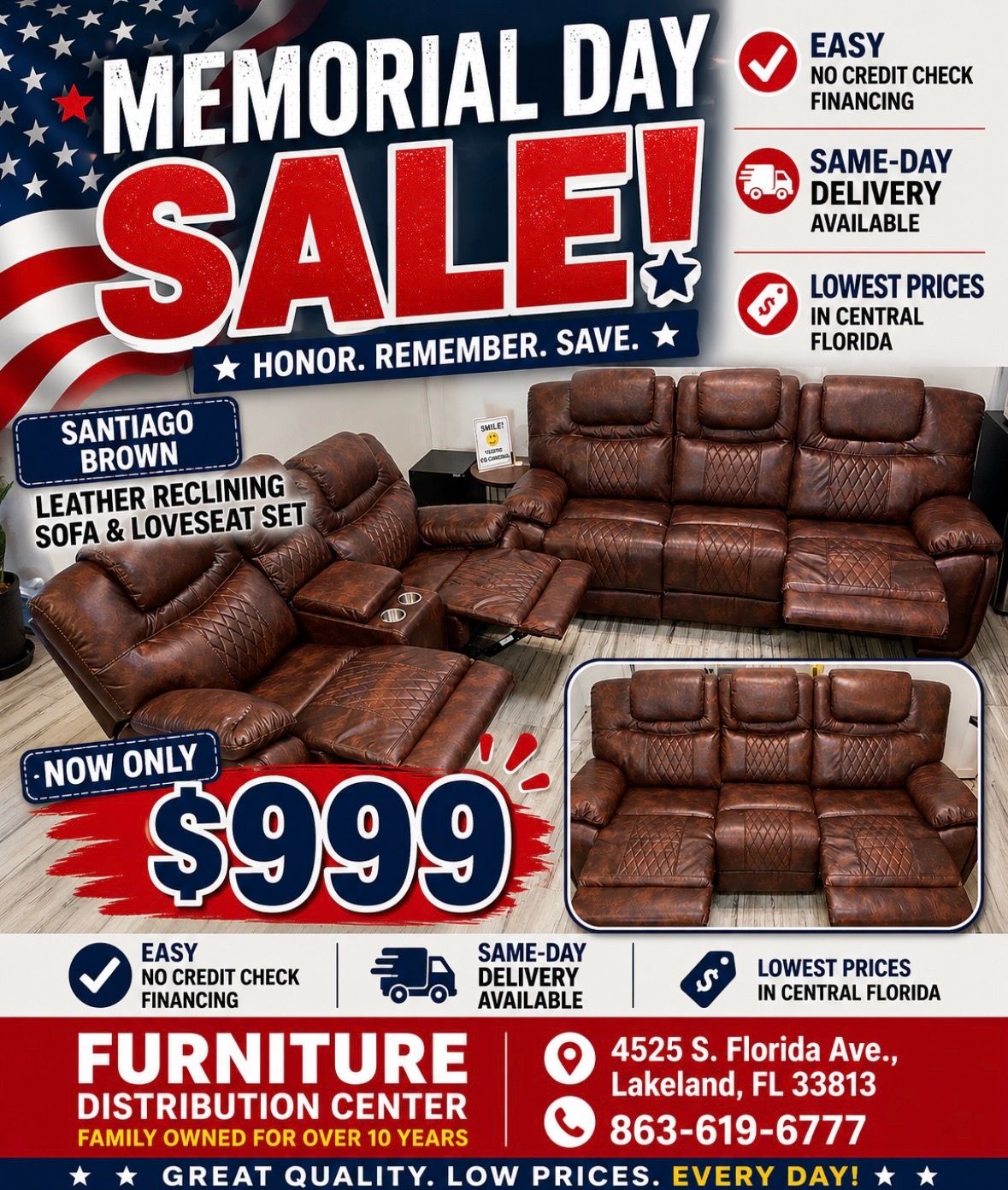 Memorial Day sale. Santiago Brown, leather reclining sofa and loveseat set only $999. Easy finance option. Same-day delivery.