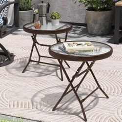 Set of 2 Foldable Patio Side Table with Tempered Glass Top 18" Folding Outdoor Side Tables Patio End Tables (Brown)