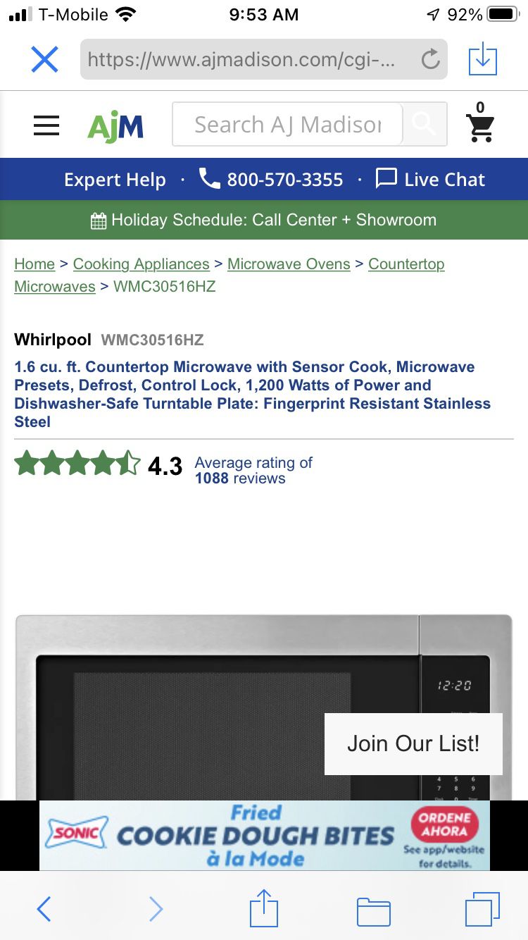 Whirlpool WMC30516HZ 1.6 cu. ft. Countertop Microwave with Sensor Cook,  Microwave Presets, Defrost, Control Lock, 1,200 Watts of Power and  Dishwasher-Safe Turntable Plate: Fingerprint Resistant Stainless Steel