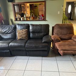 Leather Couch + Recliner Set – Comfortable – Clean – Must Sell