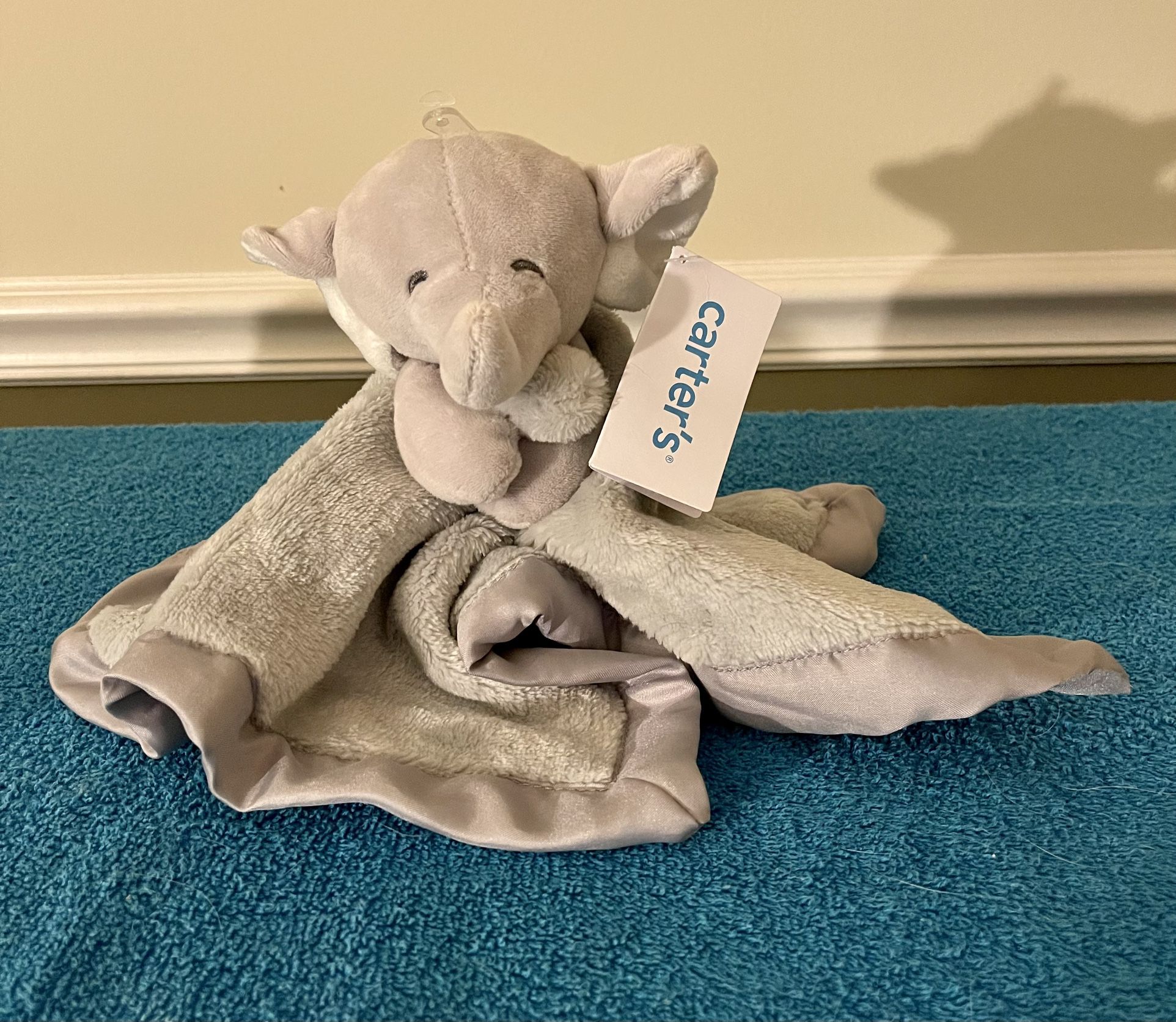 Carters Elephant Grey Security Blanket Lovey Baby Plush Toy Satin Back 14x14 NEW