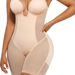 SHAPELLX Strapless Deep Plunge  Tummy Control Backless Bodysuit Mid Thigh Full Body Shapewear
