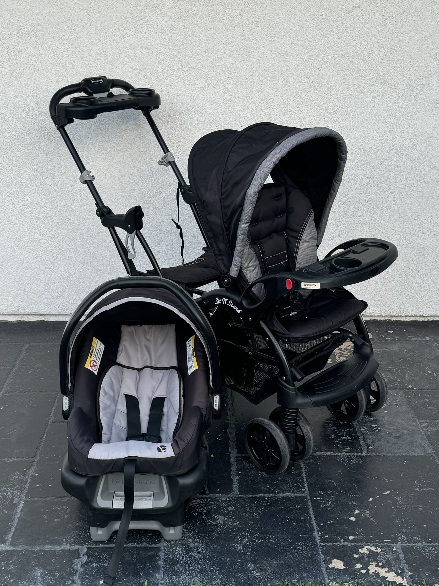 BABY TREND SIT AND STAND DOUBLE STROLLER AND CAR SEAT!!