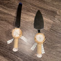 wedding cake knife and server set with burlap and lace handles lot